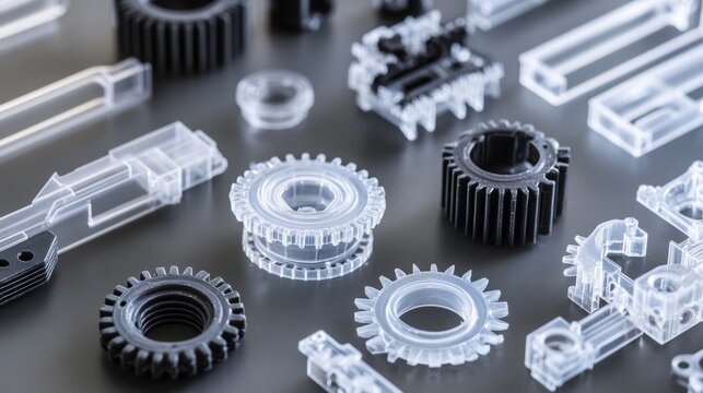 Assorted plastic transparent components Precision engineered robust thermoplastic parts focusing on injection moulded flexible gears connectors and supportive pieces
