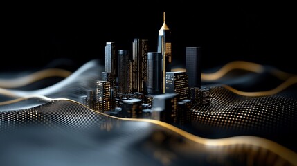 Cityscape model on data waves; futuristic urban design, technology concept, website header