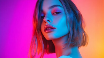Fototapeta premium Avant-garde fashion model in dynamic hues posing in studio portrait of a beautiful charming girl with trendy makeup on colorful background