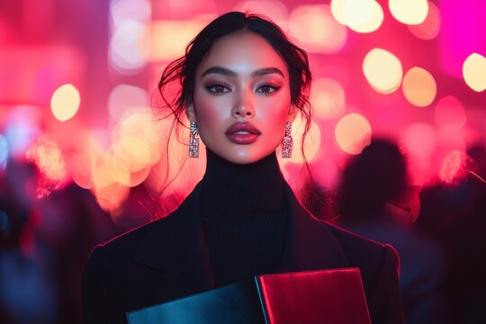 Glamour in the Spotlight: A captivating portrait of a stunning woman, radiant in the glow of neon lights, exudes confidence and elegance, her gaze fixed on the viewer.