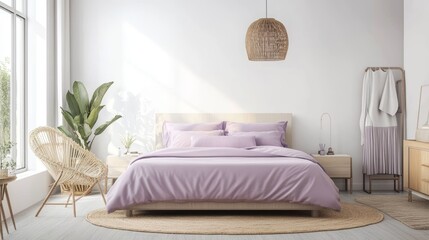 A bright bedroom featuring a sleek modern bed with soft lavender bedding ample natural light and a serene bohemian aesthetic