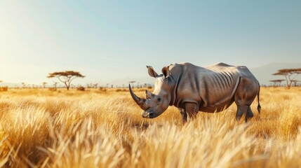 Fototapeta premium Majestic Rhinoceros Roaming Under the African Savanna Sky