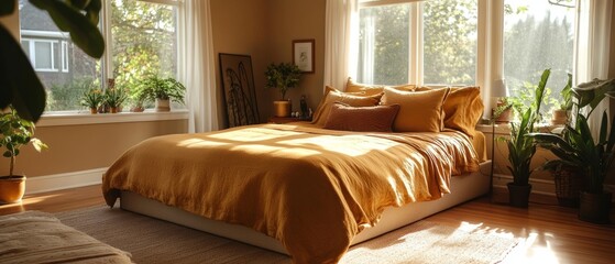 A cozy bedroom featuring a plush king-sized bed with warm golden bedding ample natural light and a serene eclectic aesthetic