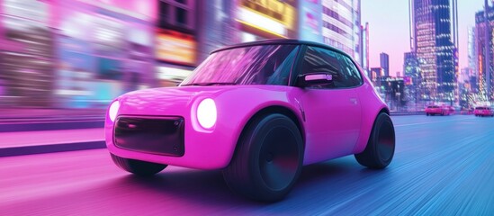 Fototapeta premium Futuristic Pink Electric Car Speeding Through Neon City Streets at Night
