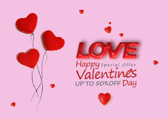 Valentine s Day sale banner with hand drawn heart kites on pink background.