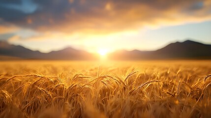 Golden Wheat Field at Sunset with Mountain Background
