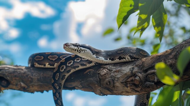 Python lounging on a tree branch under the open sky