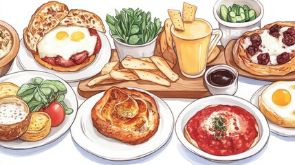 Colorful Brunch Spread with Eggs, Salads, and Juices on Table