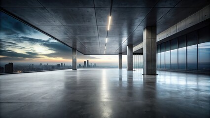 Dark Concrete Floor with Infinite Horizon Sky Panoramic Scene