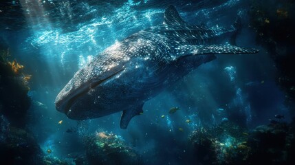 Fototapeta premium Stunning underwater shot of a whale shark swimming gracefully amidst coral reefs. Perfect for documentaries, travel blogs, or illustrating ocean conservation.