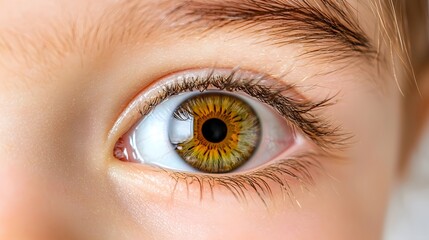 Fototapeta premium Captivating closeup shot of a child s vibrant colorful eye reflecting a mesmerizing shimmering light effect The intricate details of the iris and pupil create a visually captivating image