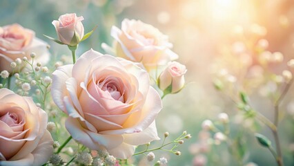 Soft pastel light pink roses in a gentle, ethereal bloom with delicate petals and subtle greenery amidst a blurred background , floral arrangement, natural beauty
