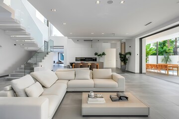 Stylish living room interior with light furniture, shelf, cozy sofa, slide glass wall and grey floor