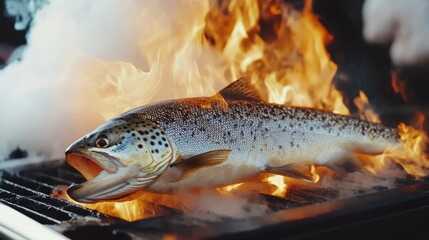 Obraz premium Grilled Trout on Fire, a Culinary Masterpiece
