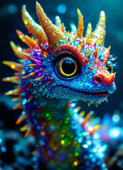 Obraz premium Close-up of a glowing bioluminescent dragon with intricate neon-colored scales, set in a fantasy realm with a mystical aura.