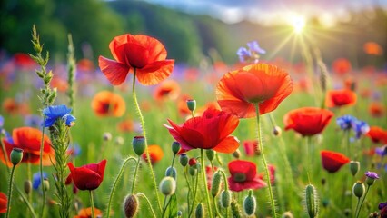 Fototapeta premium Vibrant red poppies sway gently in the summer breeze amidst lush green grasses and wildflowers in a picturesque meadow