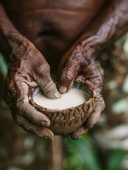 Ceremony of Tradition:  Close-up of weathered hands holding a clay bowl filled with white liquid, symbolizing the ancient rituals and cultural heritage of a vibrant community. 