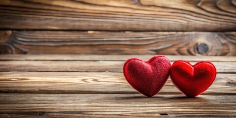 Fototapeta premium Romantic ambiance with two red hearts on a wooden background , present, home decor, present, home decor, intimate, interior, decoration