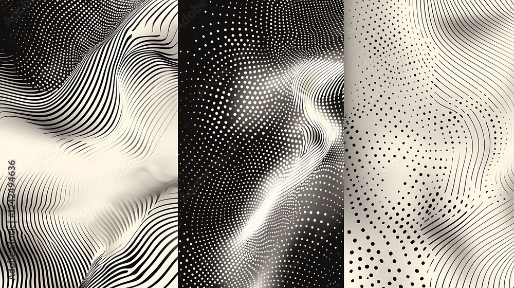 Poster halftone gradient patterns featuring wavy dots and diagonal waves in a monochrome, grainy effect, su
