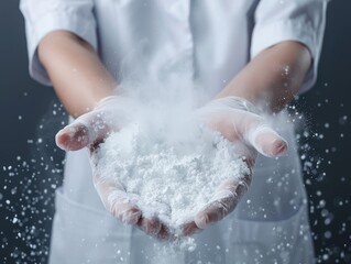 Fototapeta premium Powdered Formula: A close-up shot of gloved hands carefully holding a cloud of white powder, evoking a sense of precision and scientific discovery.