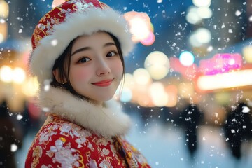 Chinese 18 year old female university student, wearing traditional Chinese festive dress with furry hat, very happy shopping, in the city, snow falling in the sky.