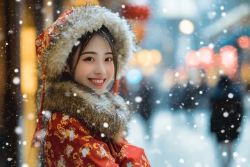 Chinese 18 year old female university student, wearing traditional Chinese festive dress with furry hat, very happy shopping, in the city, snow falling in the sky, 