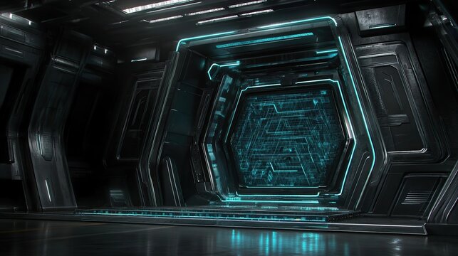 Futuristic spaceship corridor, glowing portal, dark background, sci-fi design