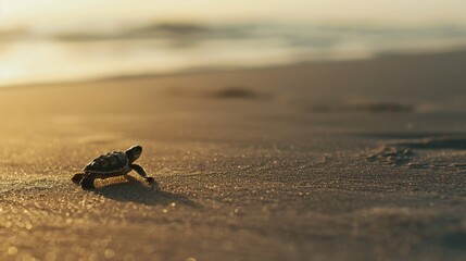 A small turtle journeying across the beach towards the ocean at dusk
