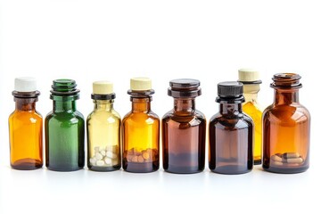 Assortment of Medicine Bottles in Different Colors and Sizes