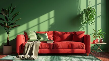 Stylish living room interior with red sofa, coffee table and decor in green wall background