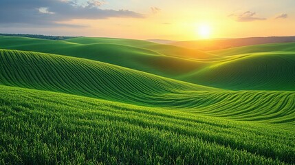 Obraz premium Rolling green hills at sunset, rural landscape (5)