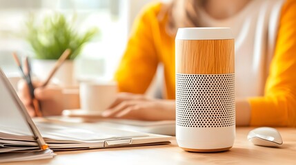 Closeup of a white smart voice assistant speaker device placed on a modern minimalist desk with a laptop computer stationery and other office accessories  The setup showcases a tech savvy