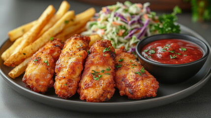 Fototapeta premium Crispy Fried Chicken with Fries, Coleslaw, and Ketchup. AI Generated Images