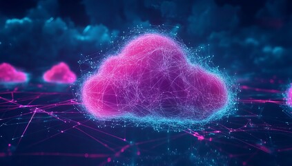Futuristic network of cloud computing and blockchain  technology background with clouds and glowing lines,