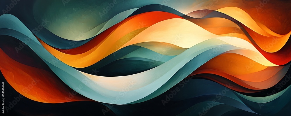 Poster harmonious abstract patterns swirling into a dynamic shape, evoking a sense of motion and transforma
