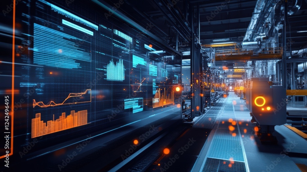 Poster futuristic digital interface displays real time production data and analytics within a modern, autom