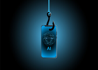 a smartphone hanging on a hook. AI Powered phishing Scams. Cybercrime concept. vector illustration 