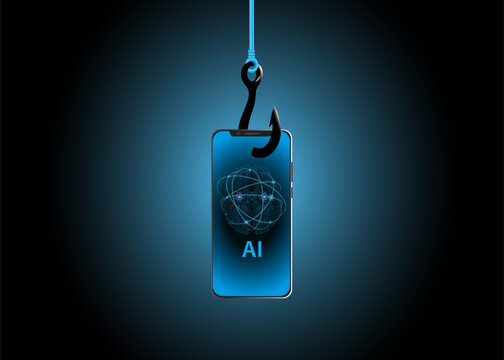 a smartphone hanging on a hook. AI Powered phishing Scams. Cybercrime concept. vector illustration 