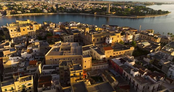 Sunrise Illuminates Port City Of Brindisi In Apulia Region, Southern Italy. Aerial Drone Shot