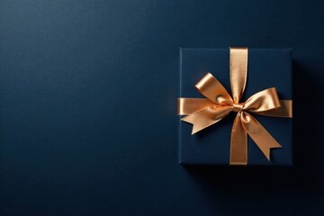A Sophisticated Dark Blue Gift Box with a Golden Ribbon Bow, a Perfect Festive Surprise