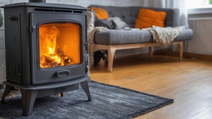 Cozy modern living room with black wood stove, bright flames, light wood floor, and inviting decor.