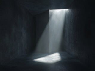 Minimalist dark interior with a single spotlight casting dramatic lighting on a textured concrete wall, creating a moody and cinematic atmosphere
