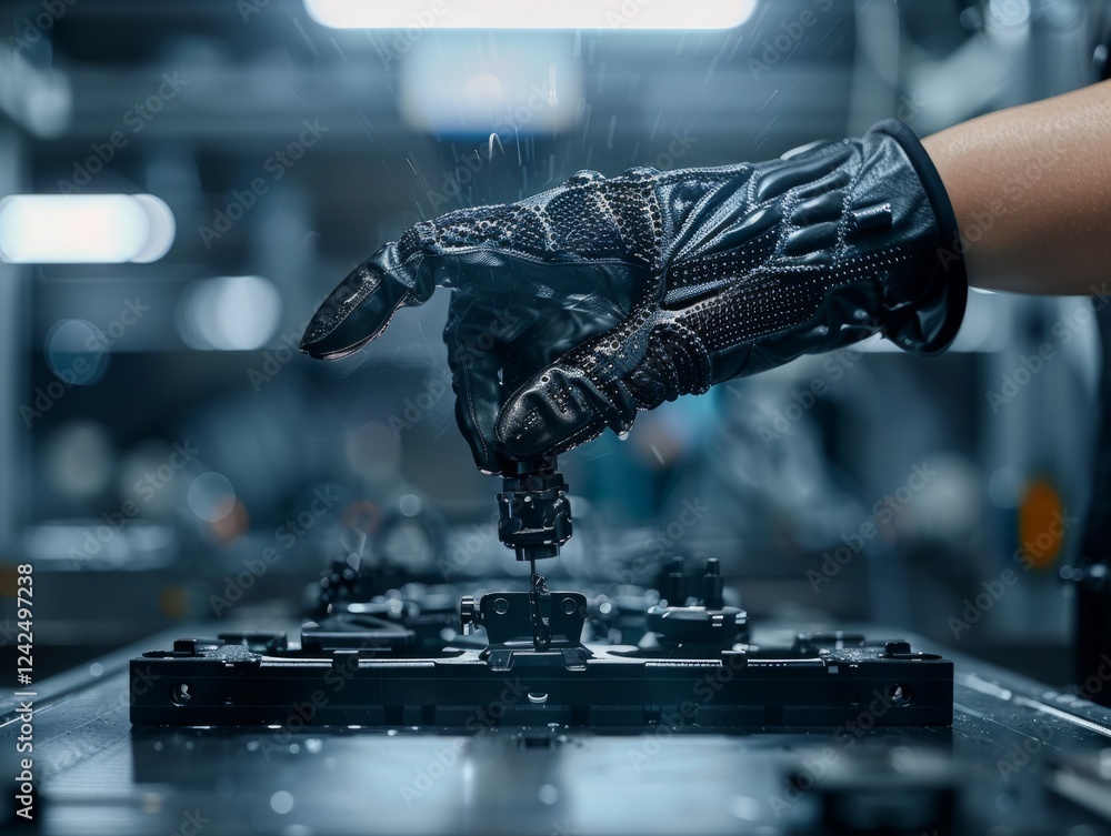 Poster precision engineering: a gloved hand delicately places a small component into a complex mechanism, s