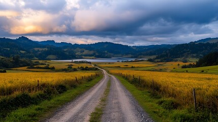 Gravel Road Through Yellow Field Towards Mountains at