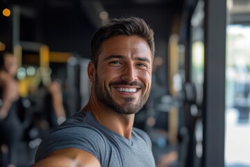 Smiling man at the gym, close-up. Perfect for fitness, health, and wellness projects.