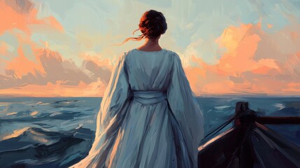 Woman in White Dress Staring at Sunset over Ocean Waves