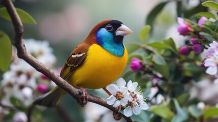 Fototapeta premium A close-up of a Gouldian sparrow showcasing its striking plumage, sitting on a tree branch with a background of blooming wildflowers.