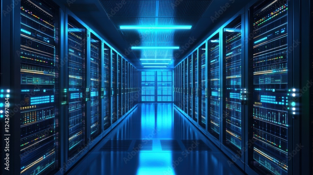 Poster futuristic server room hosting big data with innovative engineering, featuring glowing blue lights a