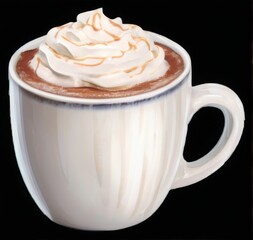 White coffee cup with hot chocolate, whipped cream dollop on black background.