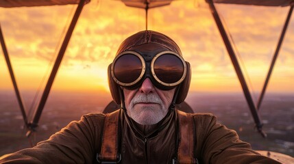 Obraz premium Vintage aviator wears goggles during sunset flight above clouds